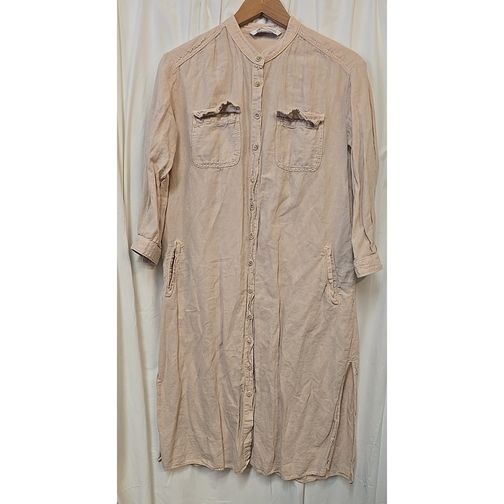ZARA Shirtdress 100% Linen XS Tan Beige Neutral Midi Button Front Resort Casual - Picture 2 of 7